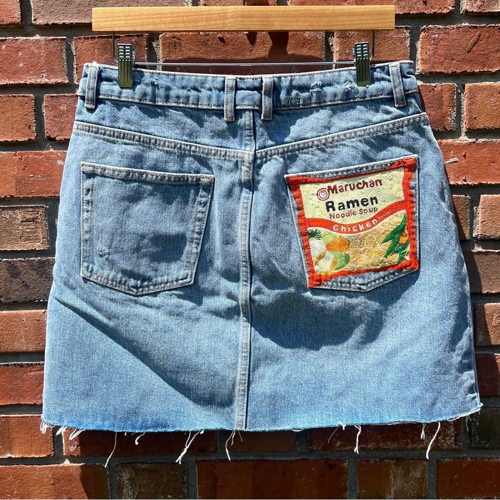 Hand-painted Topshop Denim Mini Skirt with Ramen Design Size 10